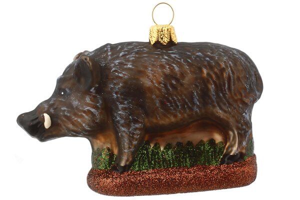 Die Wildschweine, die in Form von mundgeblasenen und handbemalten Christbaumfiguren dargestellt werden